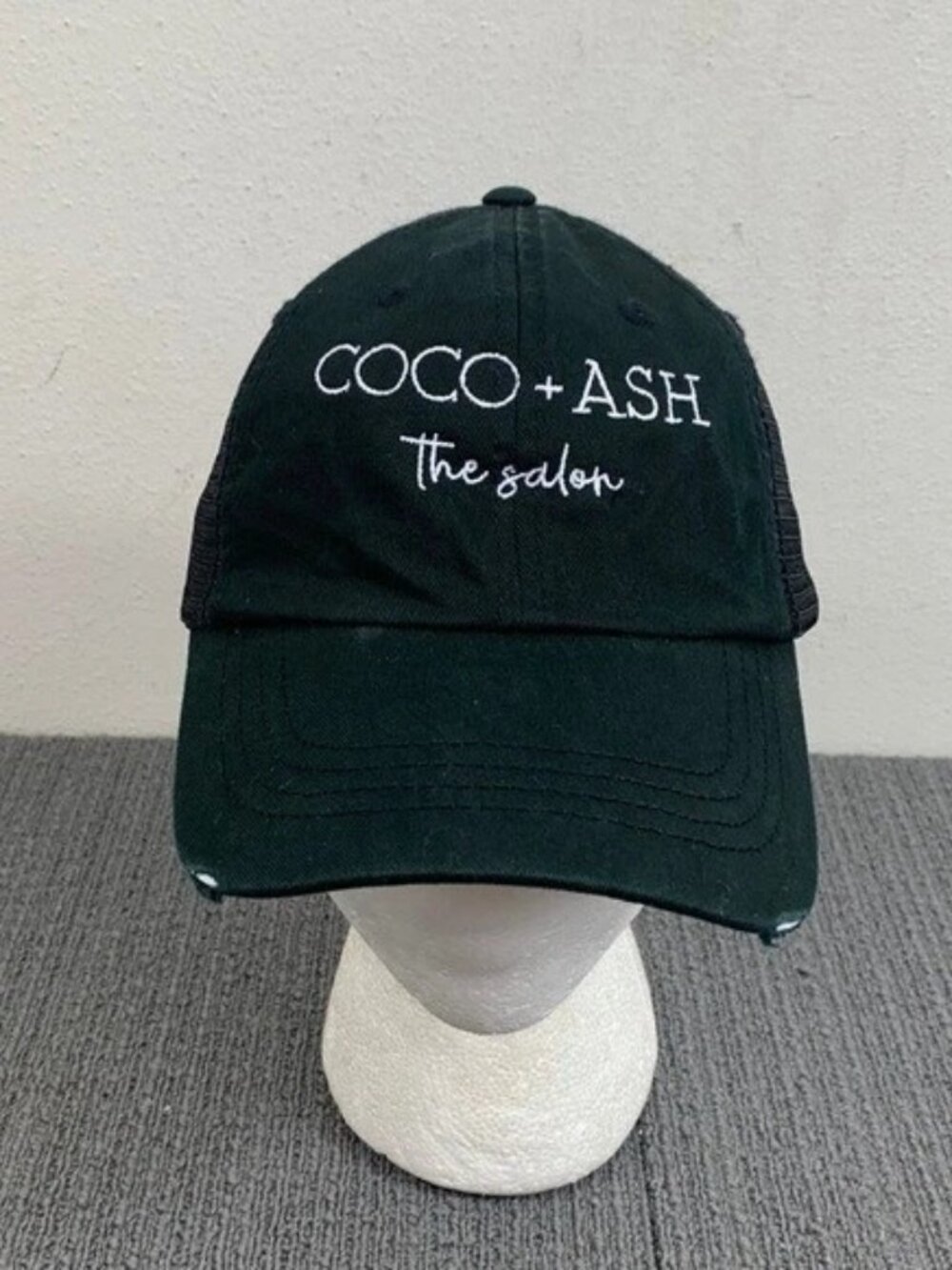 Coco + Ash The Salon Distressed Trucker Hat Womens OSFA Black White Strapback HG